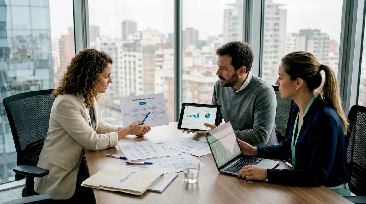 El equipo de marketing organiza la estrategia de comunicación en varios canales