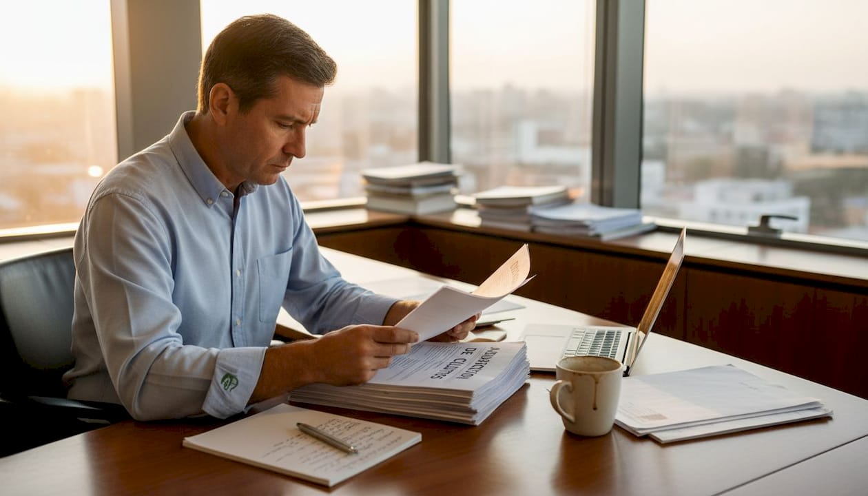 Directivo analizando informes sobre la adquisición de nuevos clientes