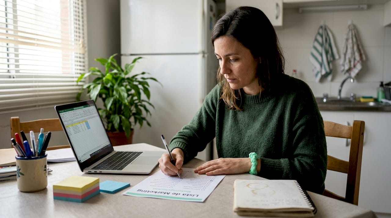 Profesional de marketing revisando su lista de tareas digitales