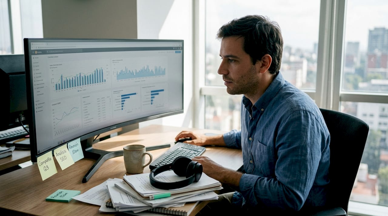El gerente analiza los resultados de marketing desde su oficina, revisando el panel con las métricas clave.