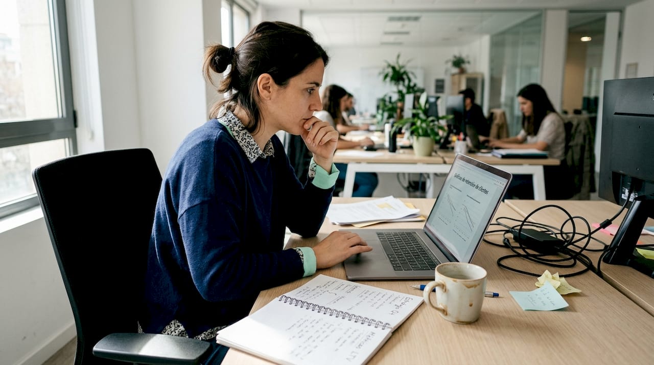 Mujer analizando métricas de retención digital
