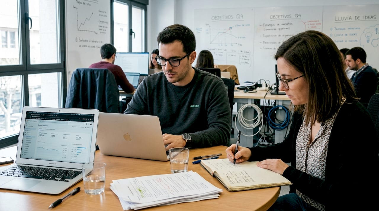 Un equipo de especialistas en marketing digital analiza los resultados y datos clave en la oficina.