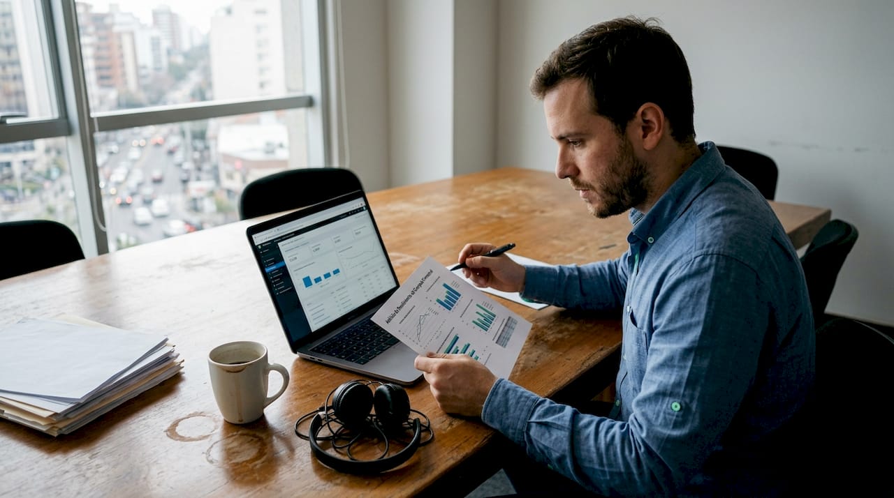 Especialista analizando informes y gráficos de marketing