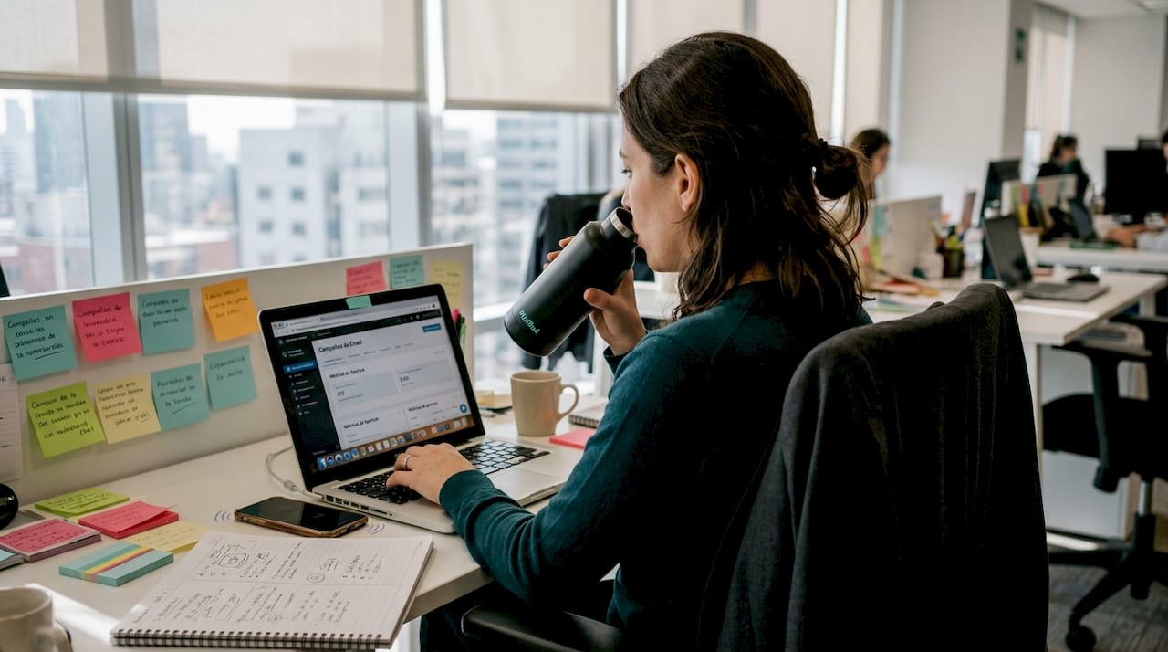 Profesional de marketing revisando campañas personalizadas entre montones de papeles y material de trabajo en su escritorio desordenado.