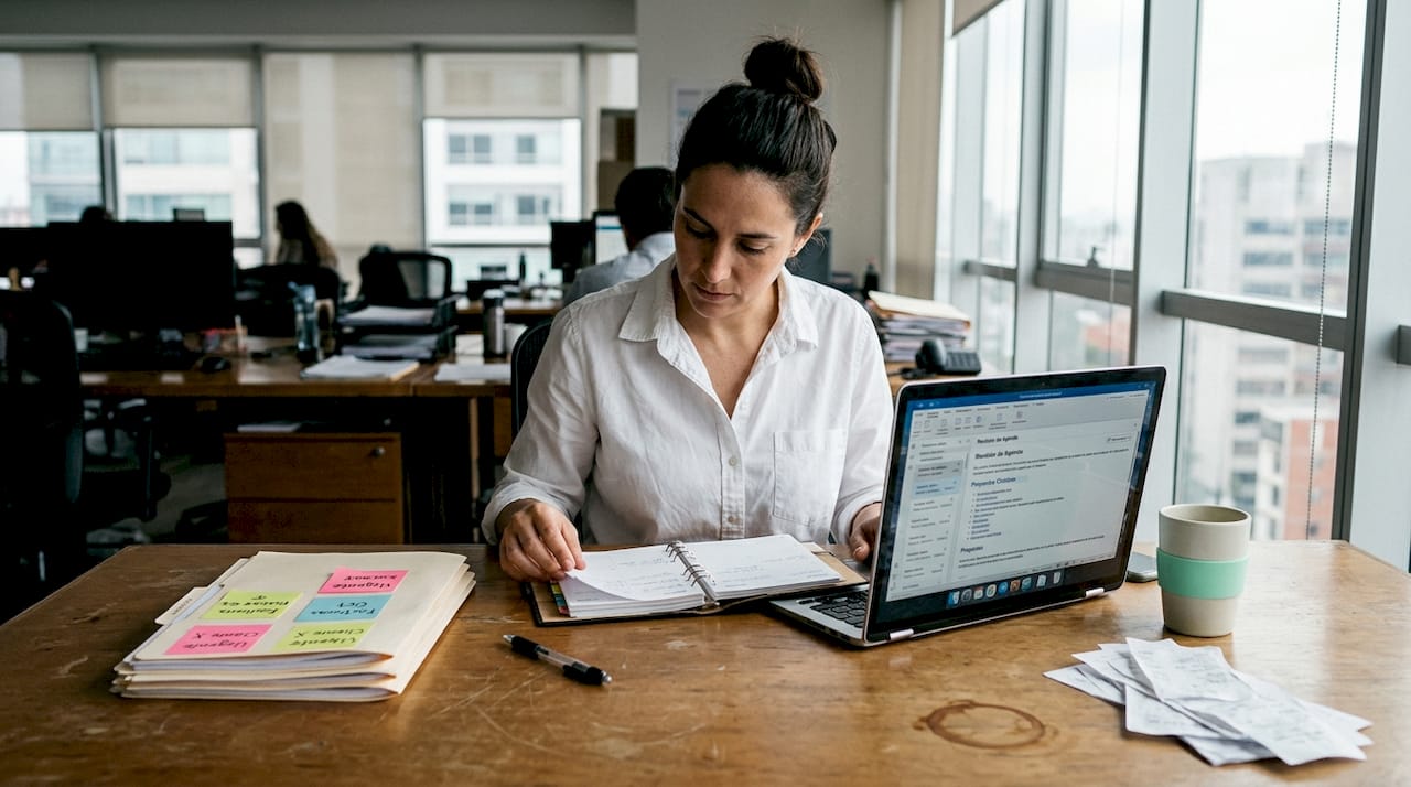 Una mujer revisa la lista de clientes en su oficina, organizando citas y pendientes para el día.