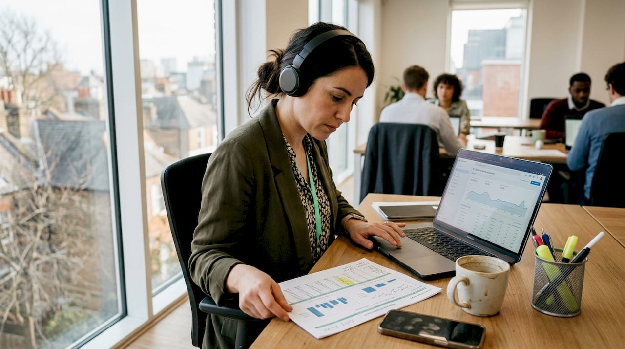 Especialista supervisando una campaña digital desde un espacio de coworking.