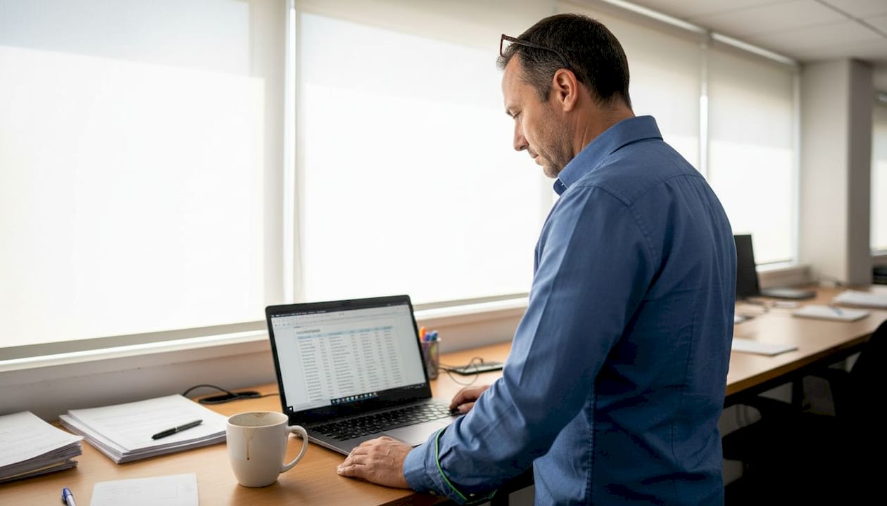Un profesional trabajando en la oficina, gestionando contactos desde su portátil.