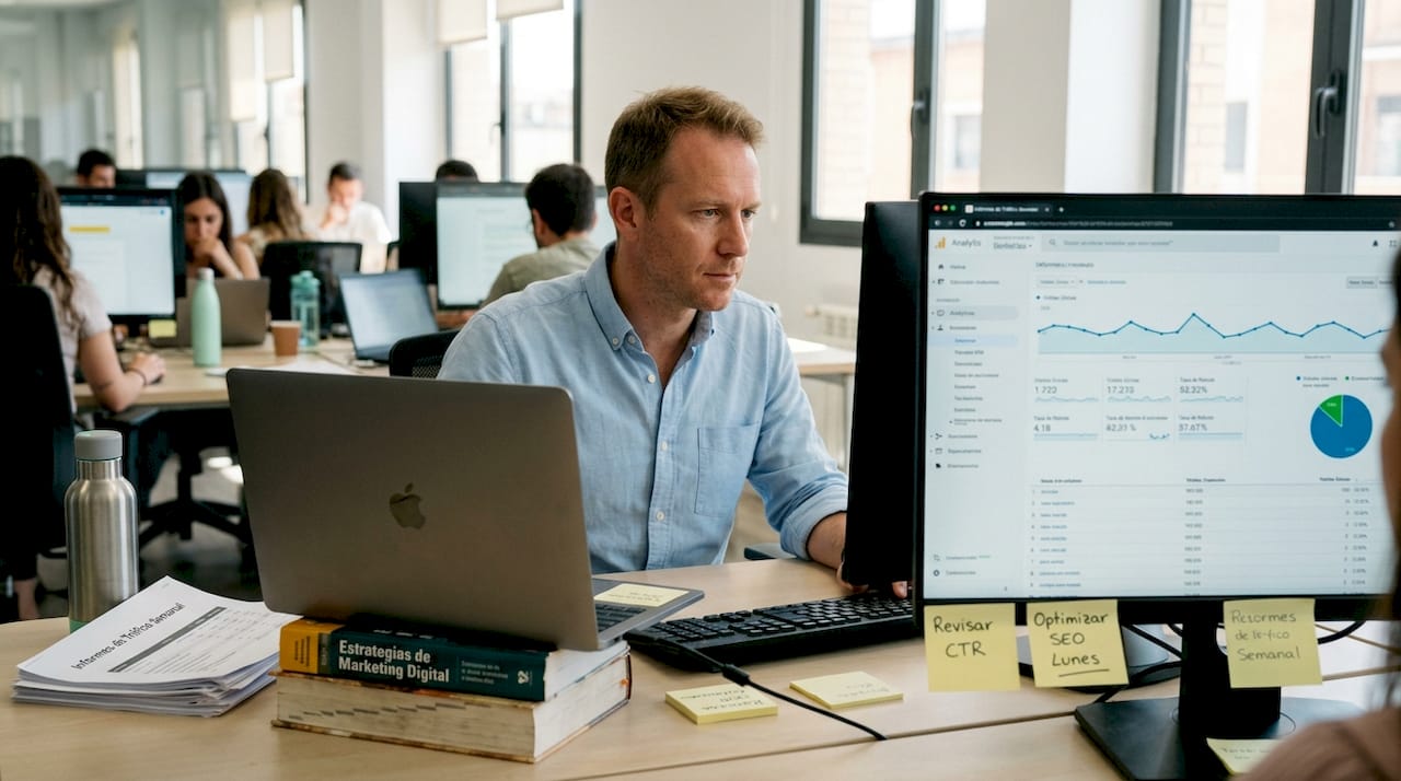 Un profesional analiza las métricas de la web desde su escritorio.