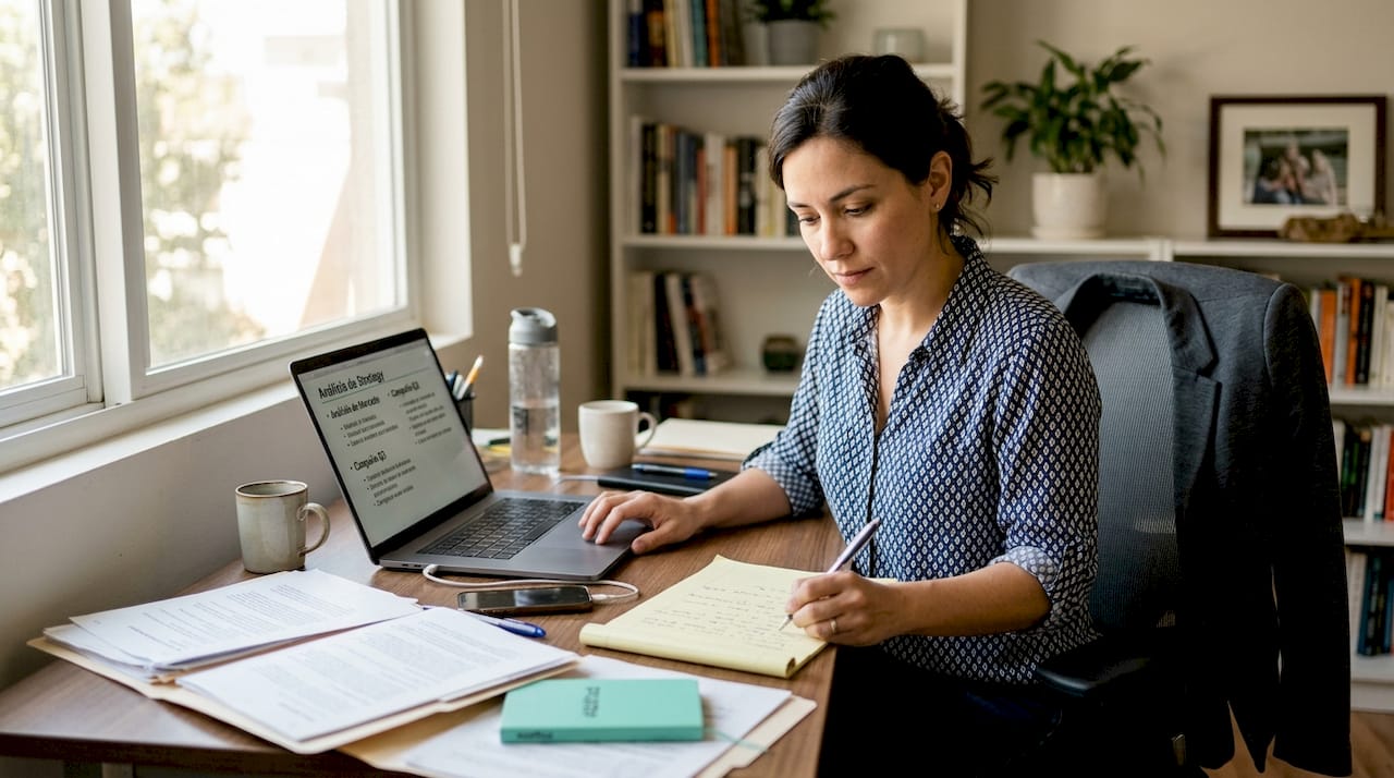 Mujer organizando la estrategia de marketing en su escritorio