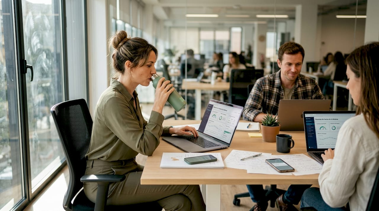 Un equipo trabaja en la oficina de la empresa utilizando herramientas de automatización de marketing.