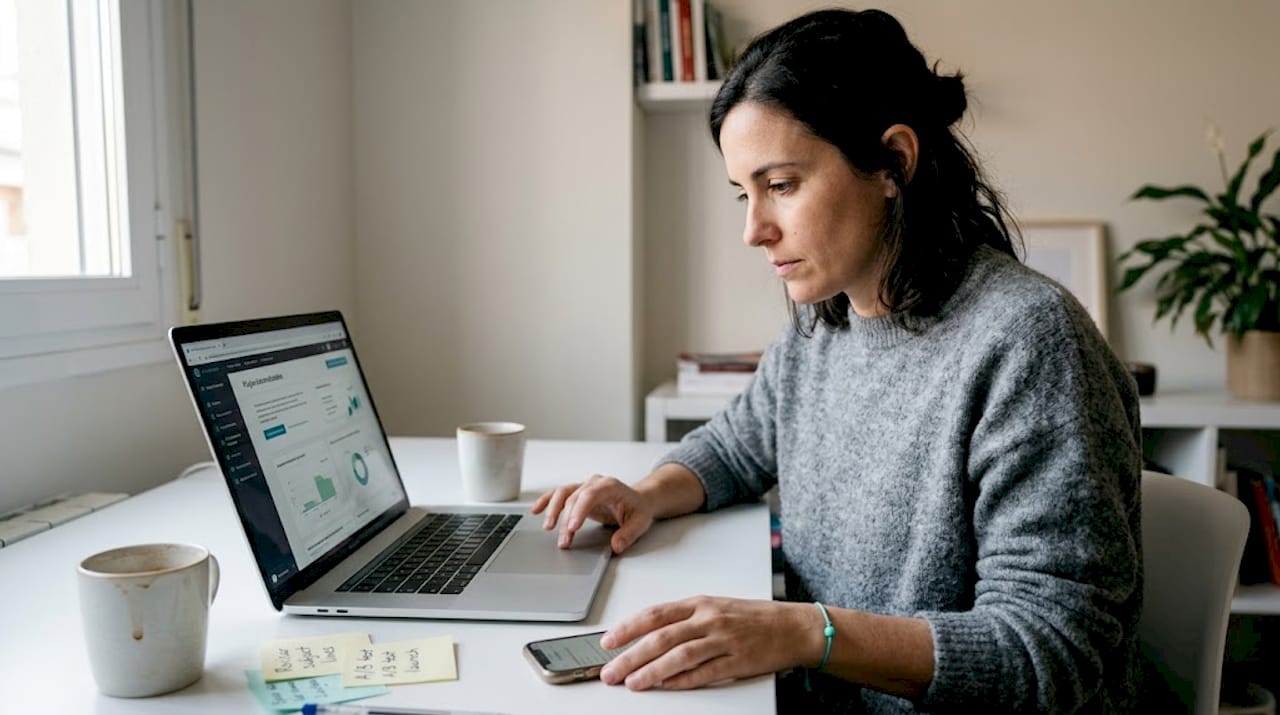 Una mujer revisa las herramientas de automatización de marketing desde su oficina en casa.