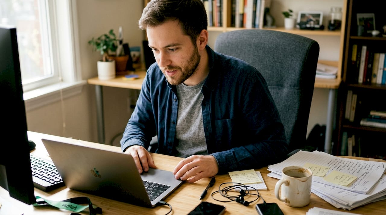Hombre trabajando desde casa mientras analiza una hoja de cálculo en su ordenador