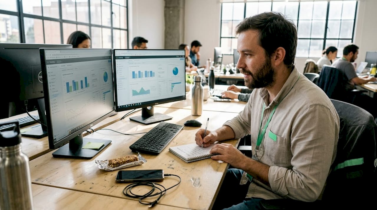 Analista de marketing digital trabajando en la oficina mientras examina gráficos y datos.