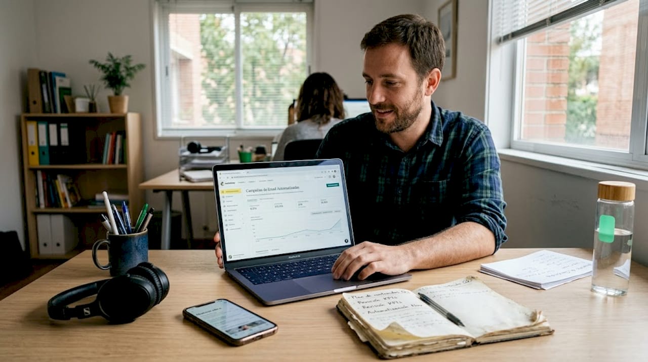 Un profesional revisa los correos electrónicos automáticos desde su puesto de trabajo en la oficina.