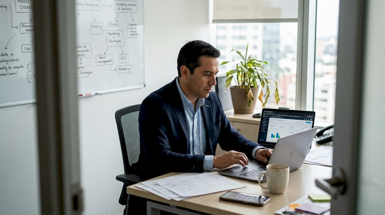 El responsable de marketing analiza los informes de desempeño en su despacho.