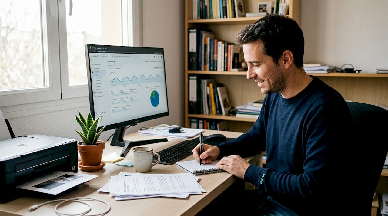 Especialista analizando la estrategia digital desde su despacho