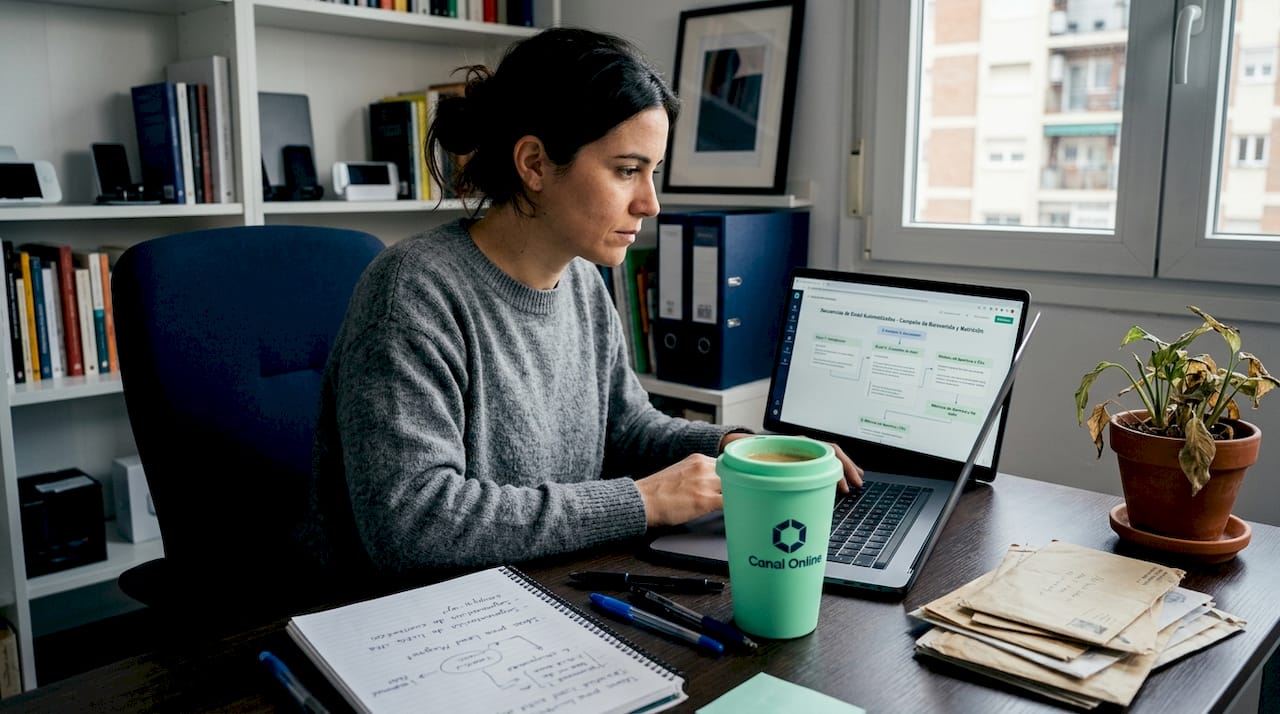 Una emprendedora revisa cómo funcionan las automatizaciones de captación de clientes desde su oficina en casa.