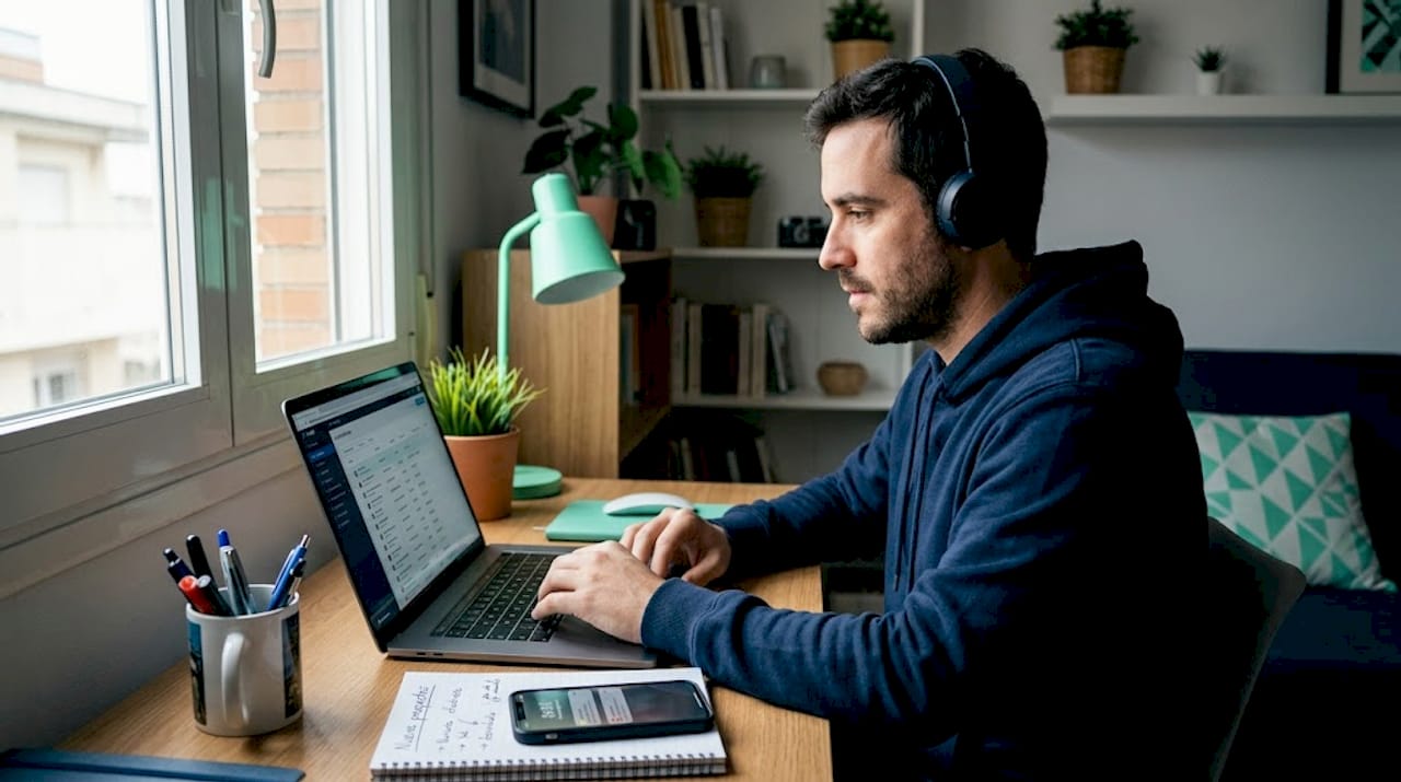 Especialista digital analizando oportunidades de negocio desde su oficina en casa