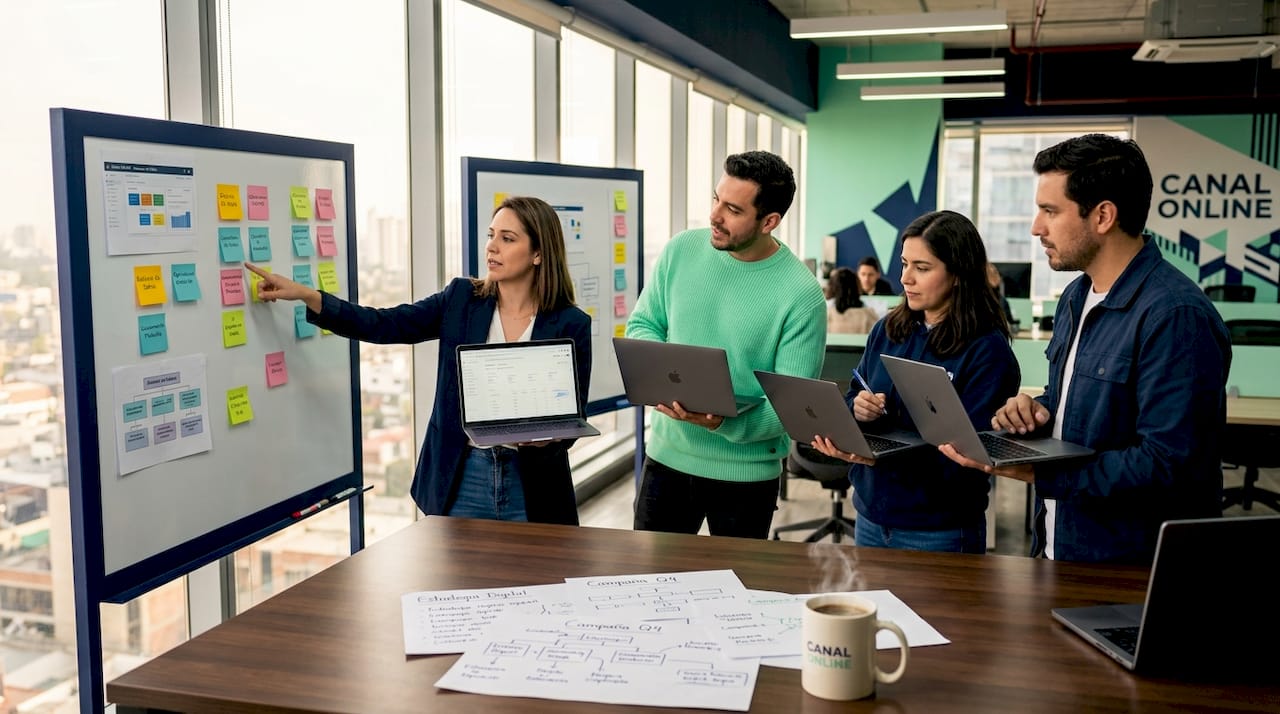 El equipo de marketing analiza y ajusta la estrategia omnicanal