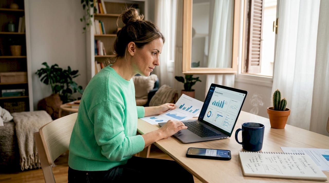 Mujer analizando estadísticas digitales desde su portátil en su oficina en casa.