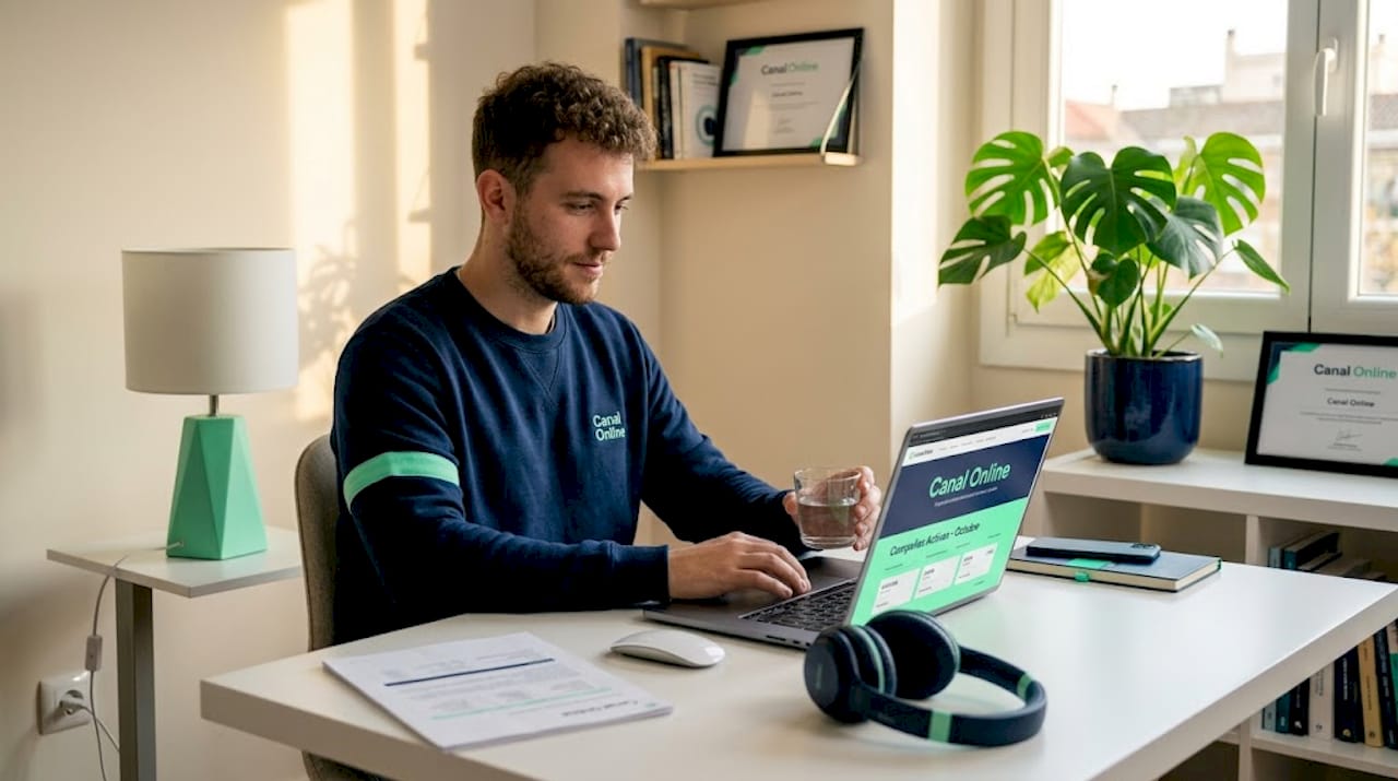 Profesional trabajando desde casa y revisando su portátil