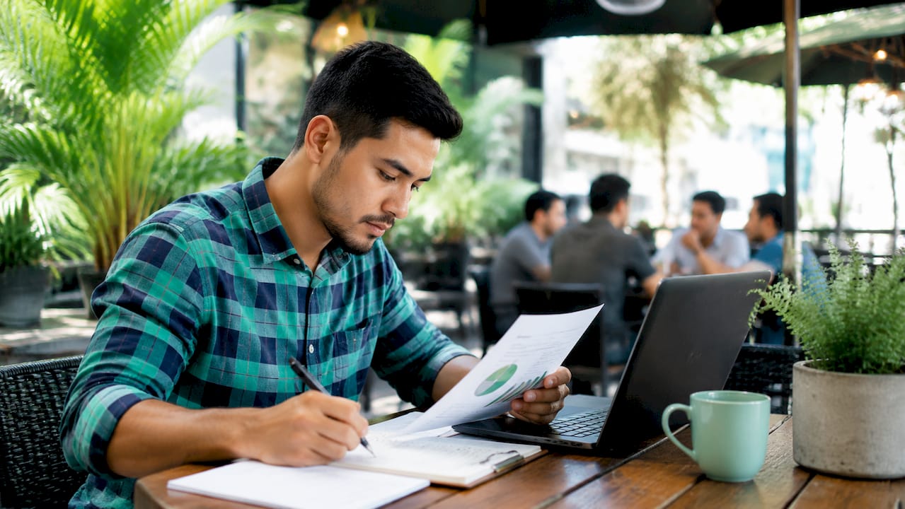 Un hombre revisa datos de marketing en su escritorio de trabajo.