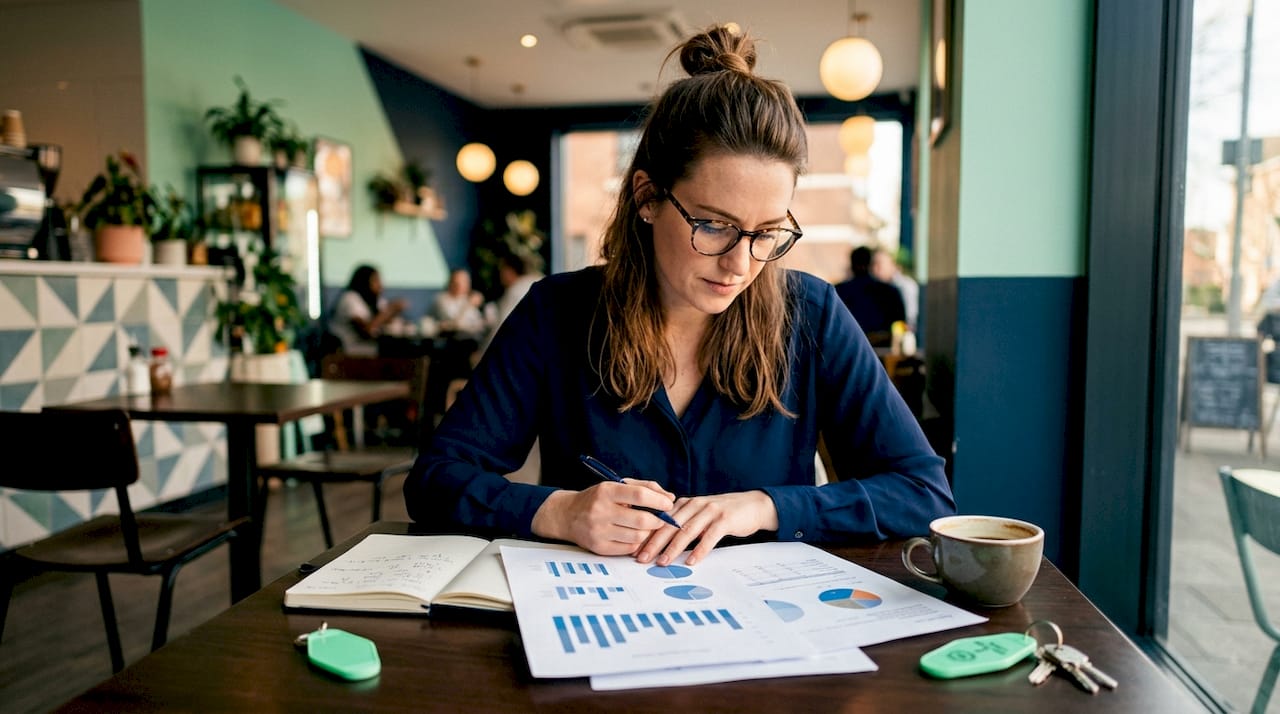 Mujer analizando informes de datos digitales en su escritorio de la oficina