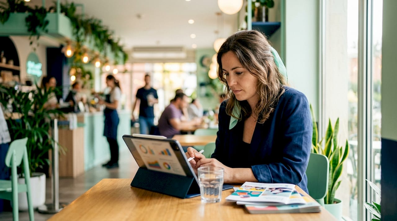 Profesional de marketing planificando estrategias en una oficina moderna con su tablet